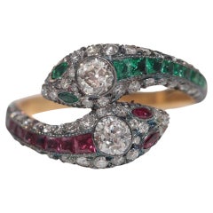 New Made 18k Gold Top Silver Natural Old Cut Diamond And Emerald Ruby Snake Ring