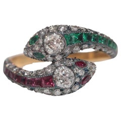 New Made 18k Gold Top Silver Natural Old Cut Diamond And Emerald Ruby Snake Ring