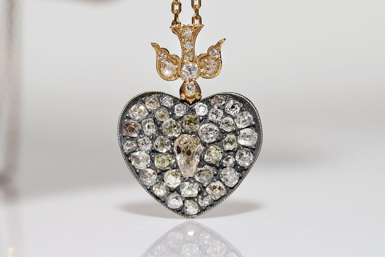 New Made 18k Gold Top Silver Natural Old Cut Diamond  Heart Pendant Necklace For Sale 8