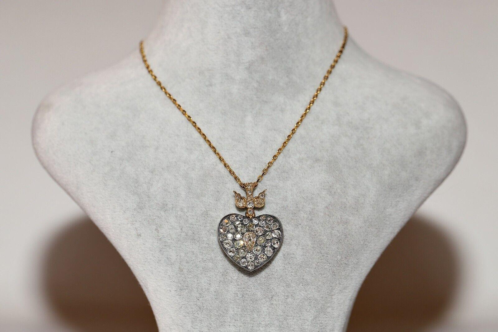 New Made 18k Gold Top Silver Natural Old Cut Diamond  Heart Pendant Necklace For Sale 9