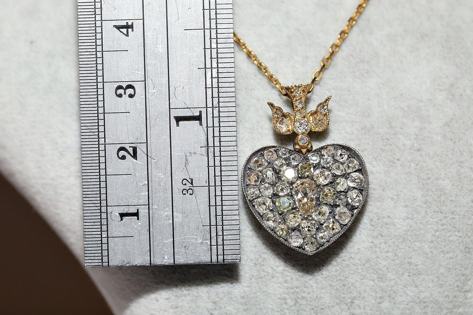 Modern New Made 18k Gold Top Silver Natural Old Cut Diamond  Heart Pendant Necklace For Sale