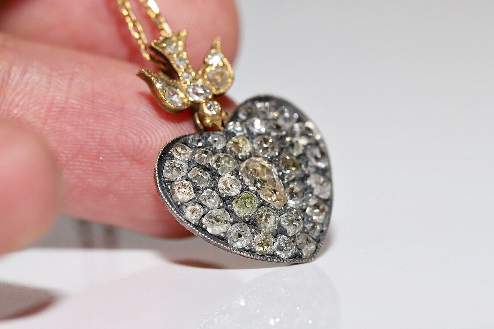 Old European Cut New Made 18k Gold Top Silver Natural Old Cut Diamond  Heart Pendant Necklace For Sale