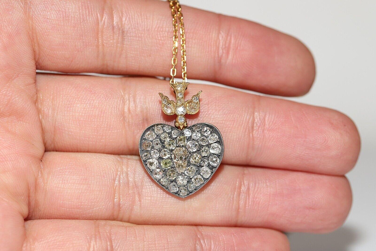 New Made 18k Gold Top Silver Natural Old Cut Diamond  Heart Pendant Necklace For Sale 2
