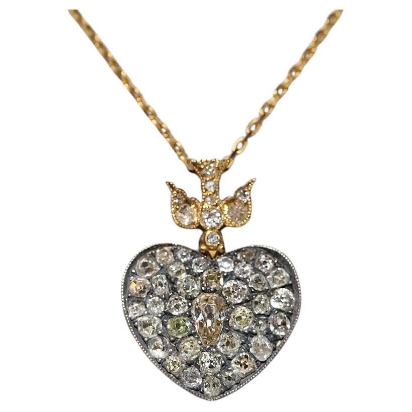 New Made 18k Gold Top Silver Natural Old Cut Diamond  Heart Pendant Necklace For Sale