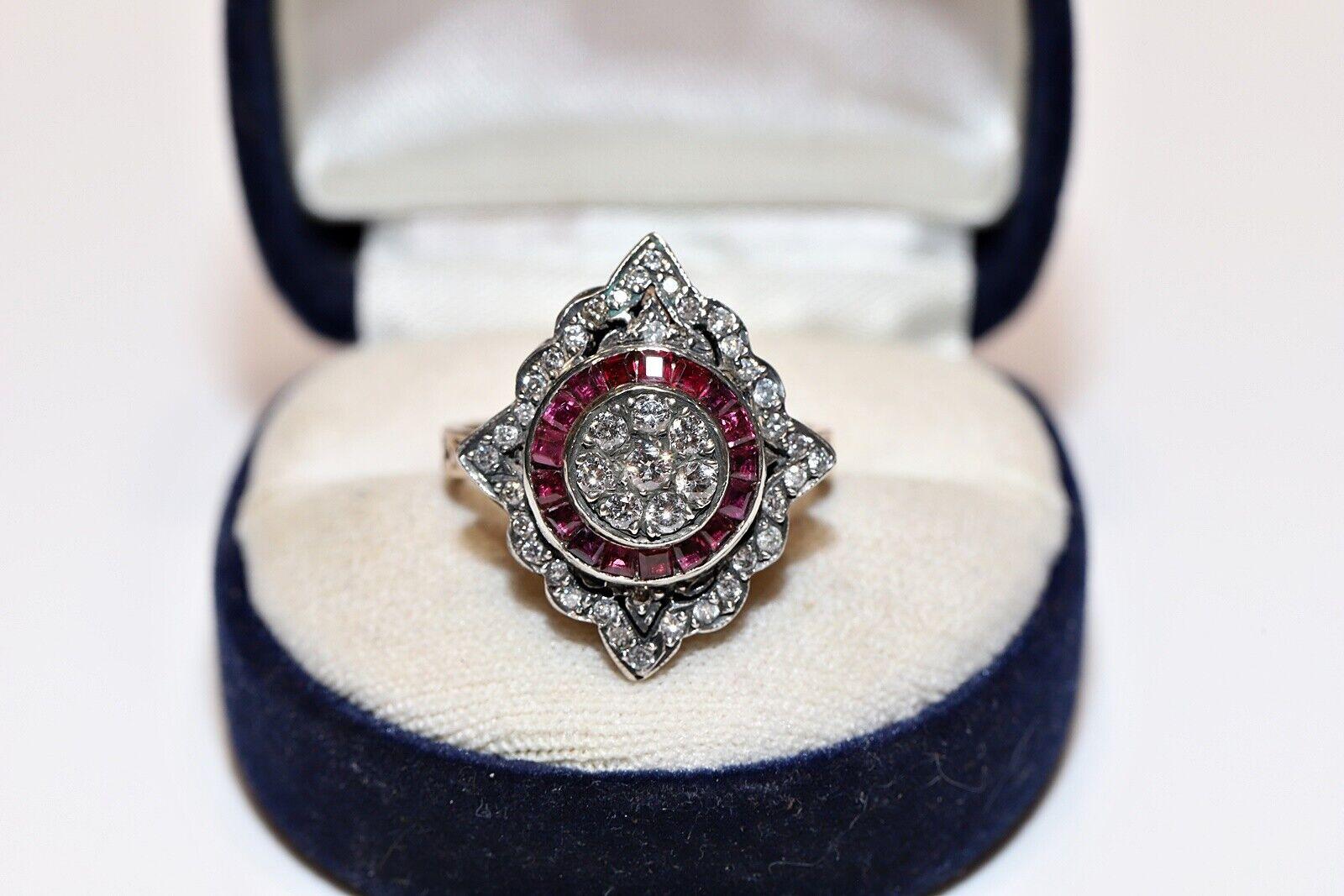 In very good condition.
Total weight is  7.4 grams.
Totally is diamond 0.90 carat.
Totally is  ruby 0.40 ct.
Ring size is US 7.8 (We offer free resizing)
Acid tested to be 8k real gold.
We can make any size.
The diamond is has vs-s1 clarity and I