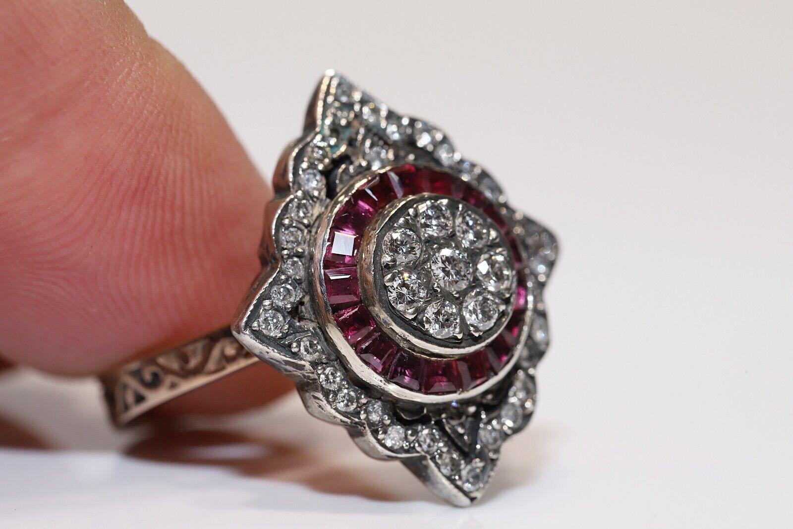 New Made 8k Gold Top Silver Natural Diamond And Caliber Ruby Navette Ring For Sale 3