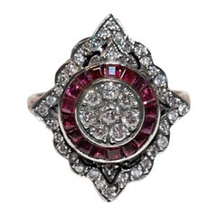 Anillo de Navette de Diamante Natural y Rubí Calibre de Oro de 8k y Plata de Primera de Nueva Fabricación