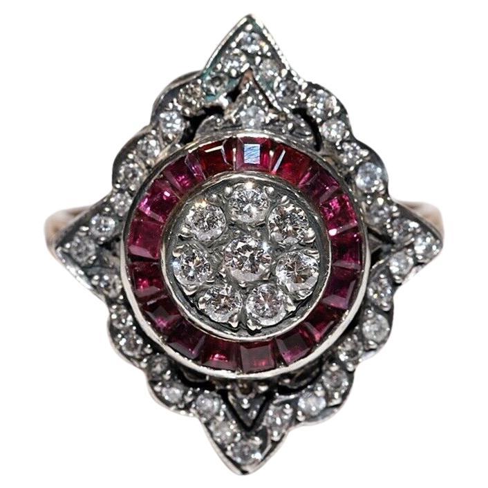 New Made 8k Gold Top Silver Natural Diamond And Caliber Ruby Navette Ring For Sale
