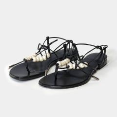 New Magda Butrym Flat Sandals  in black leather and faux-pearl , Size 38