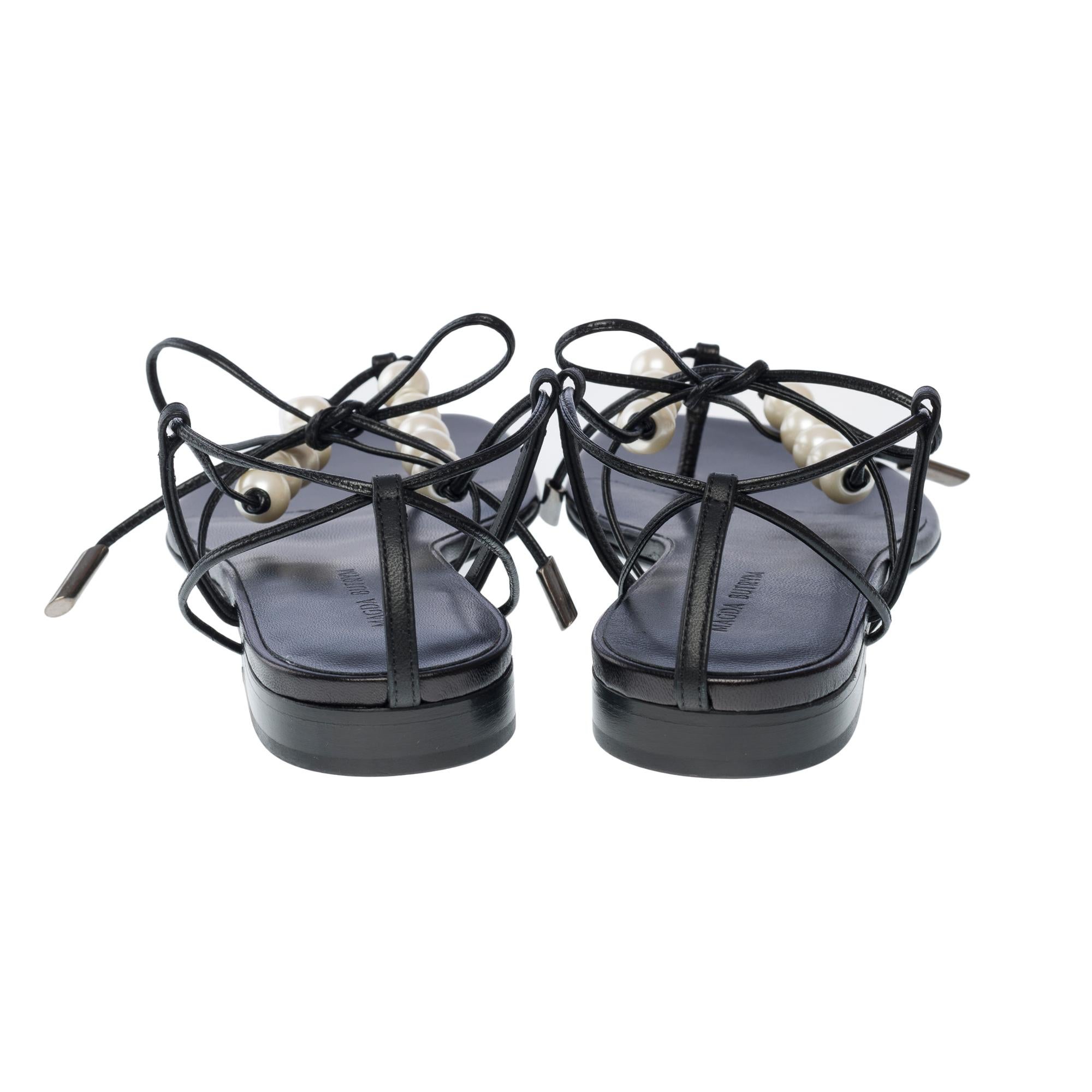 Women's New Magda Butrym Flat Sandals  in black leather and faux-pearl , Size 38 For Sale