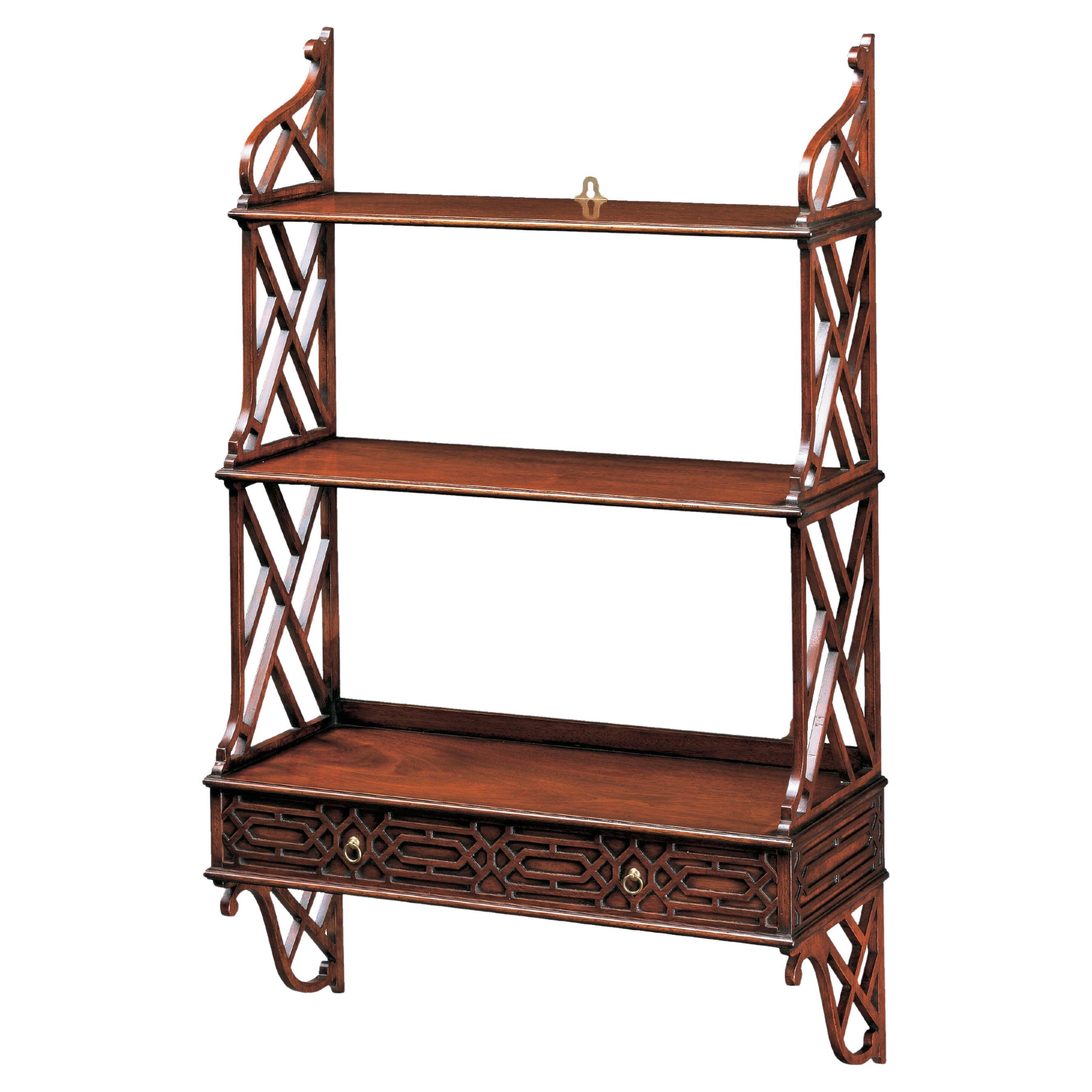 Mahogany Chippendale Style Hanging Shelf w/ Drawer & Blind Fret Work