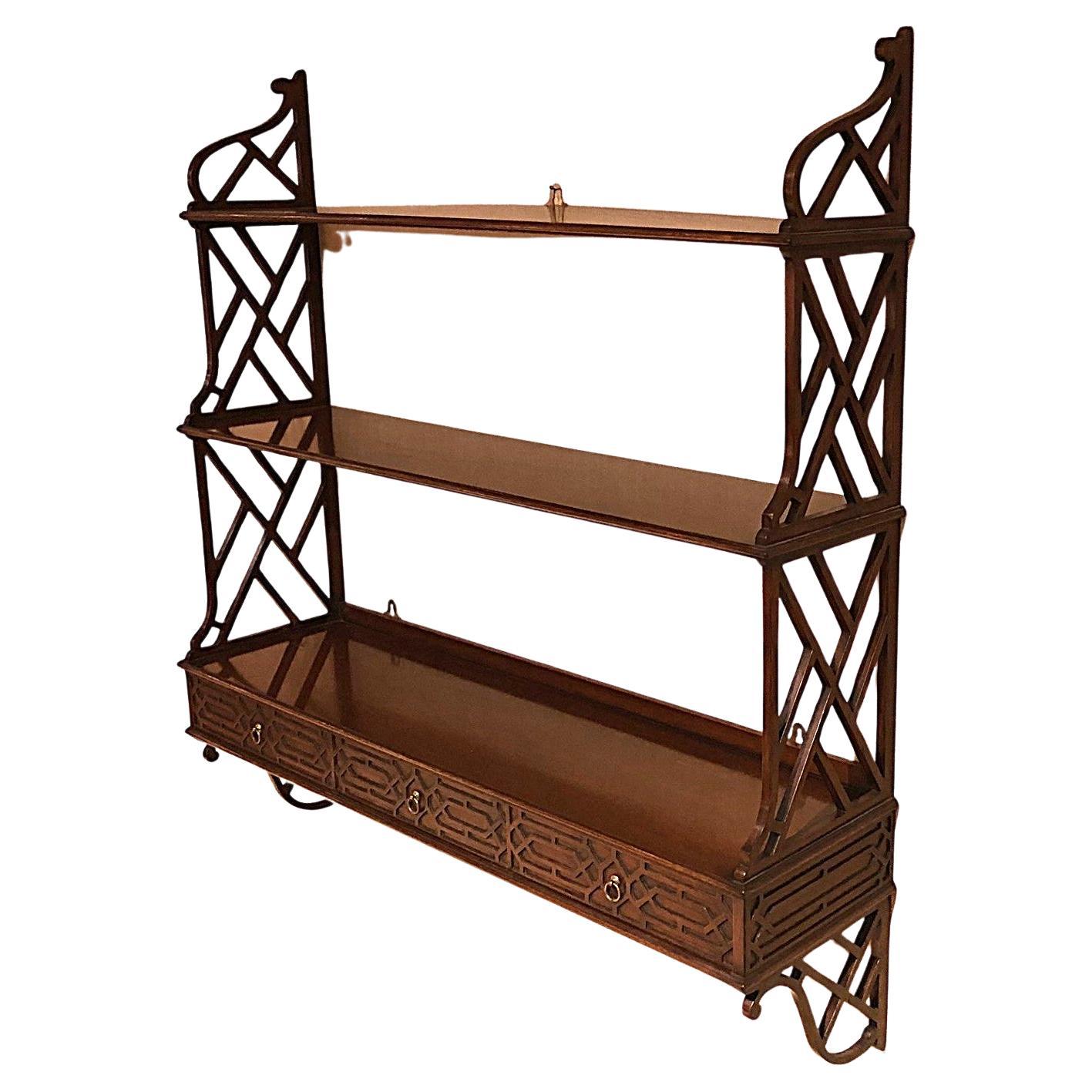 New Mahogany Chippendale Style Hanging Shelf w/ Three Blind Fret Drawers