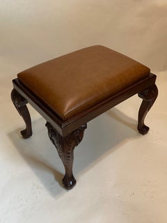 NEW Mahogany Chippendale Style Stool w/ Hand Carved Cabriole Legs & Leather Seat