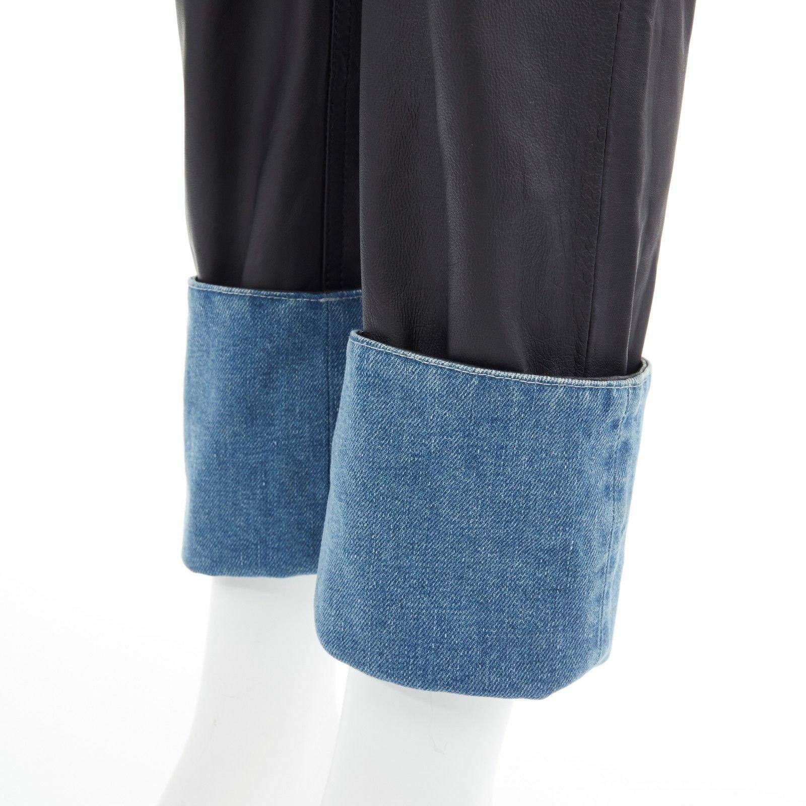 new MAISON MARGIELA black leather blue denim trim cuffed jeans pants IT38 XS For Sale 4