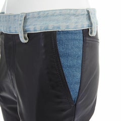 new MAISON MARGIELA black leather blue denim trim cuffed jeans pants IT38 XS