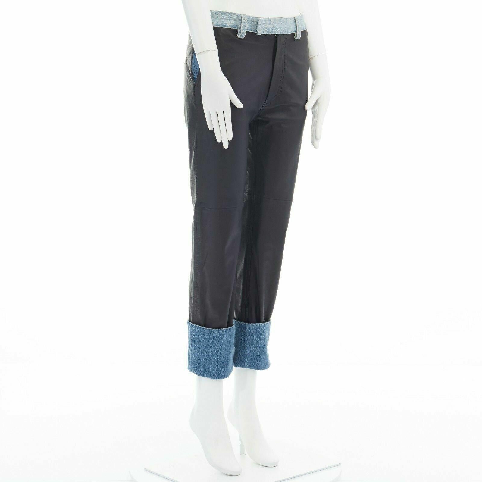 Black new MAISON MARGIELA black leather blue denim trim cuffed jeans pants IT38 XS For Sale