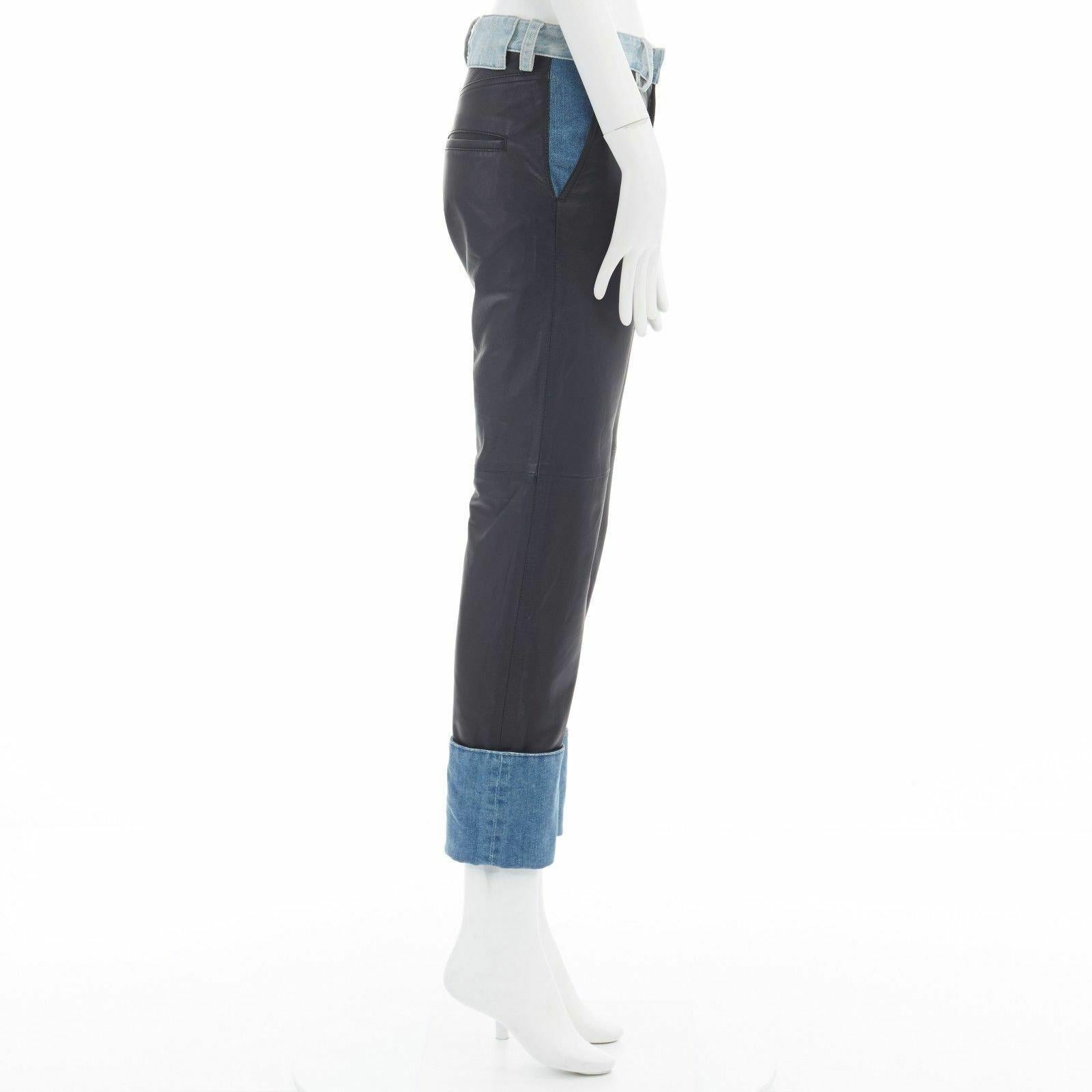 new MAISON MARGIELA black leather blue denim trim cuffed jeans pants IT38 XS In New Condition For Sale In Hong Kong, NT