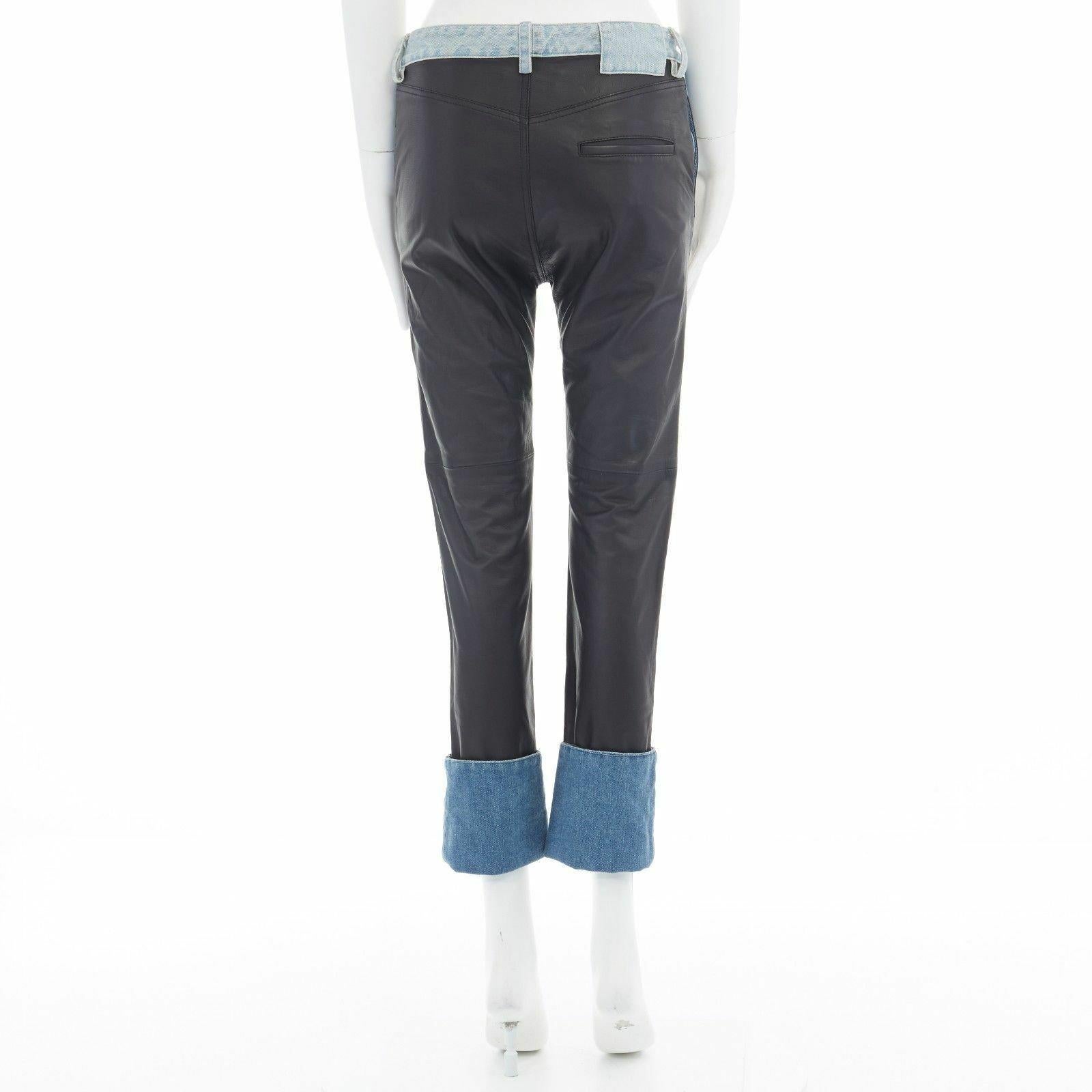 Women's new MAISON MARGIELA black leather blue denim trim cuffed jeans pants IT38 XS For Sale