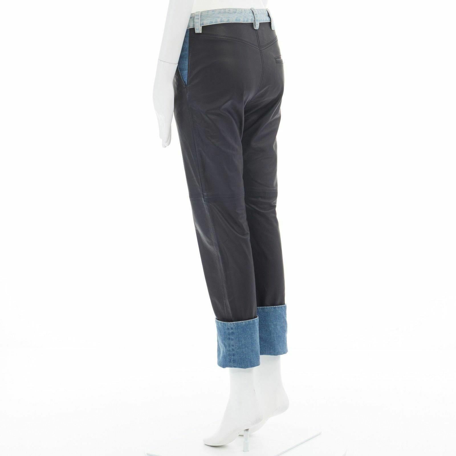 new MAISON MARGIELA black leather blue denim trim cuffed jeans pants IT38 XS For Sale 1