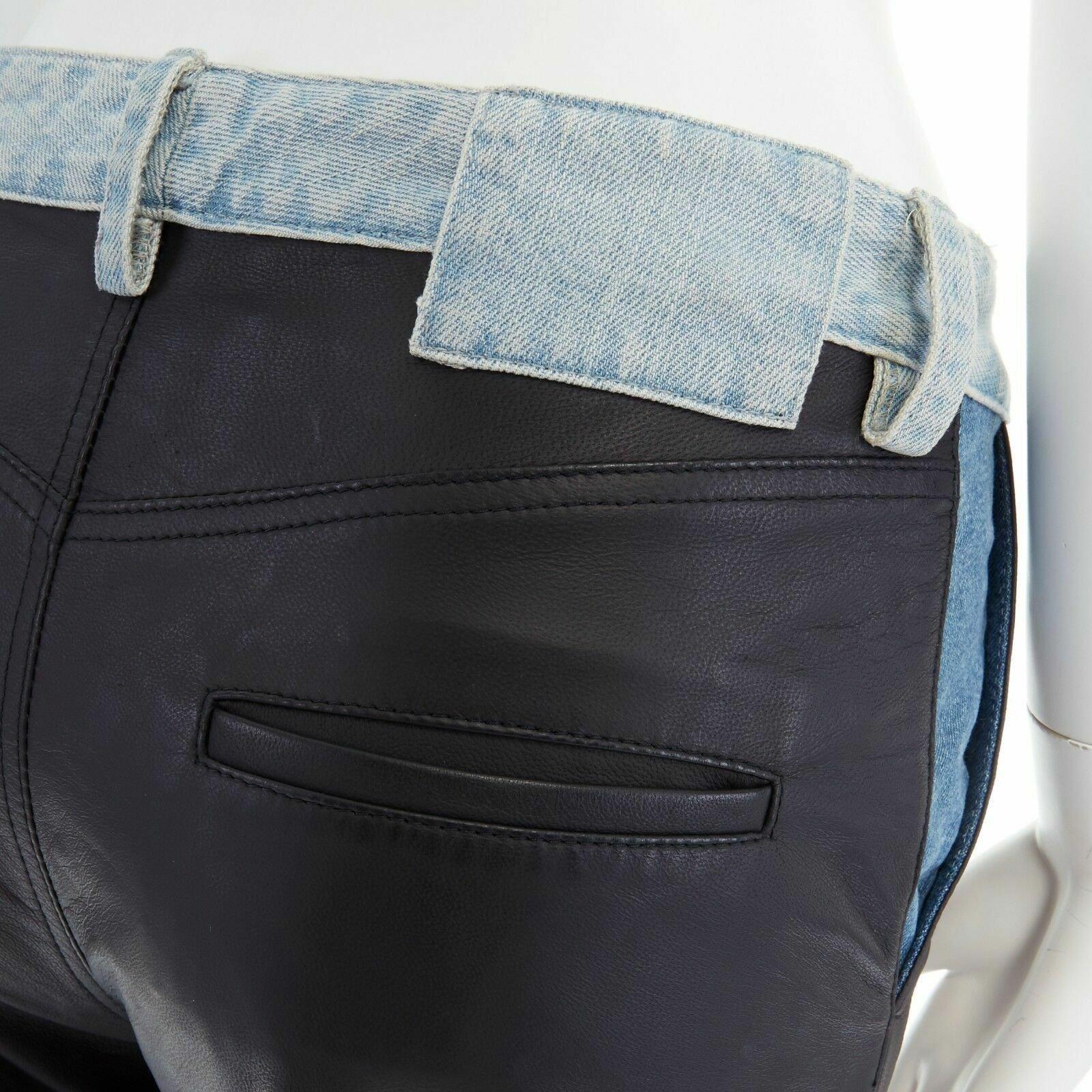 new MAISON MARGIELA black leather blue denim trim cuffed jeans pants IT38 XS For Sale 3