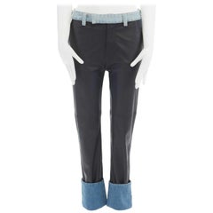 new MAISON MARGIELA black leather blue denim trim cuffed jeans pants IT38 XS