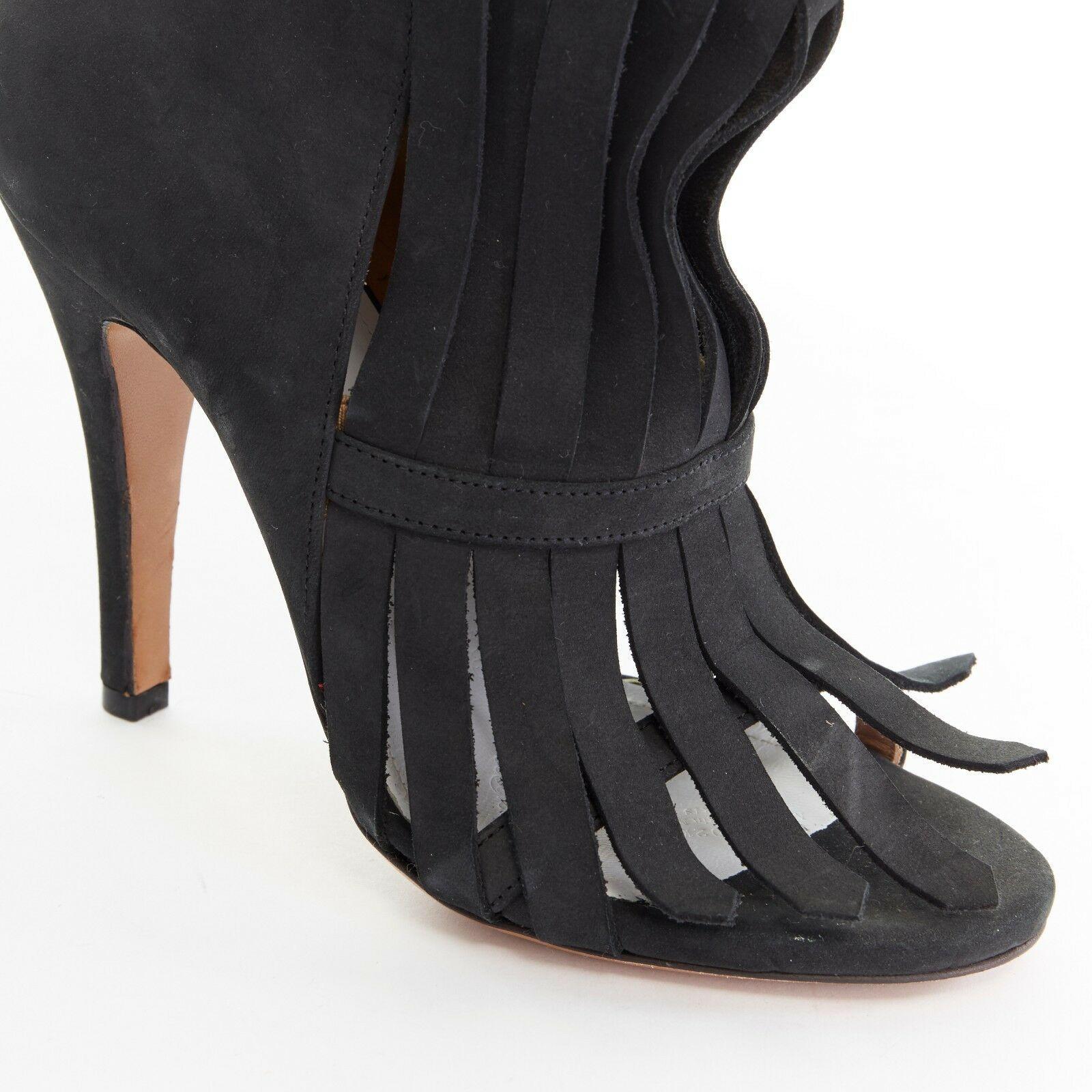 new MAISON MARGIELA black suede shredded fringe open toe bootie heels EU37 US7 In Good Condition In Hong Kong, NT