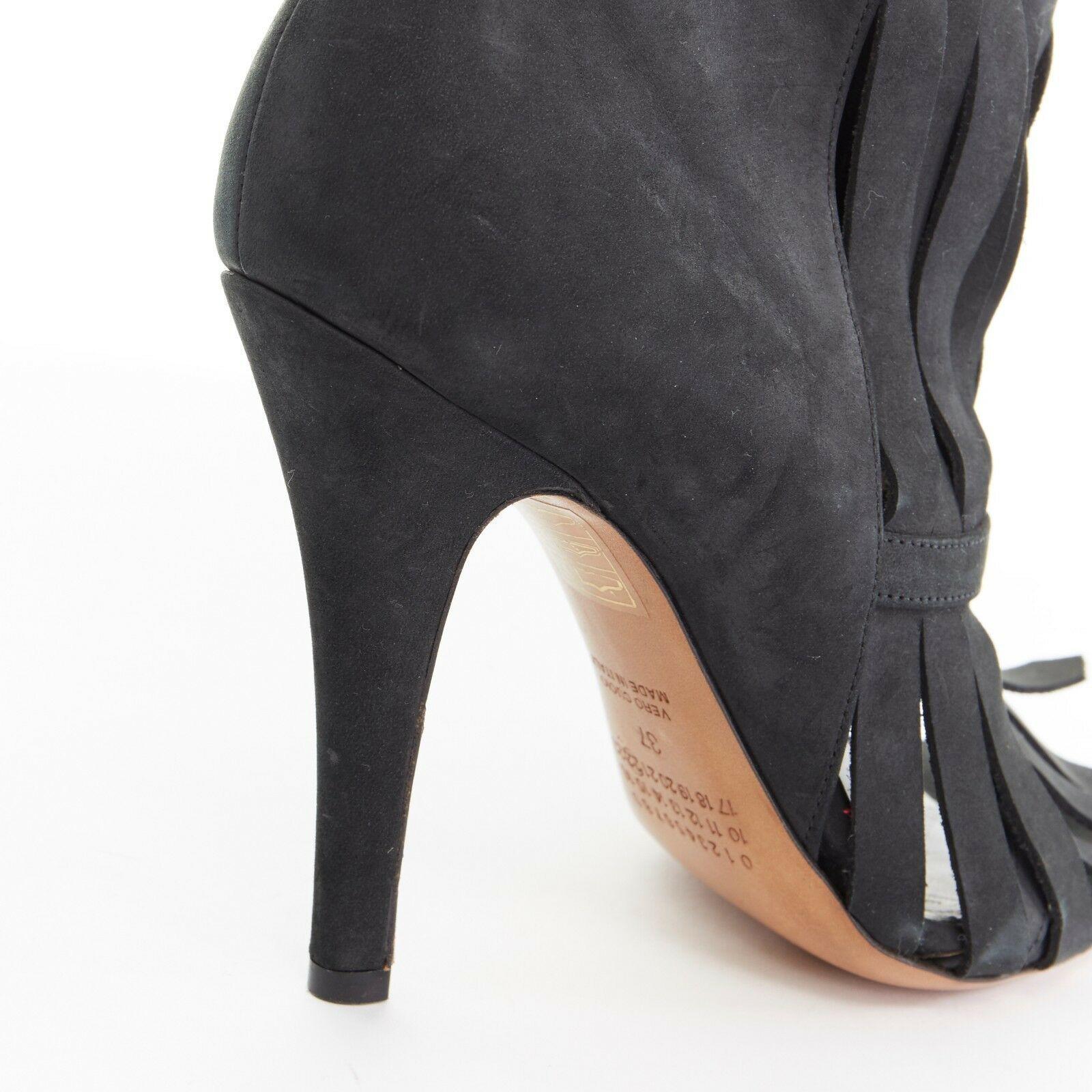 Women's new MAISON MARGIELA black suede shredded fringe open toe bootie heels EU37 US7