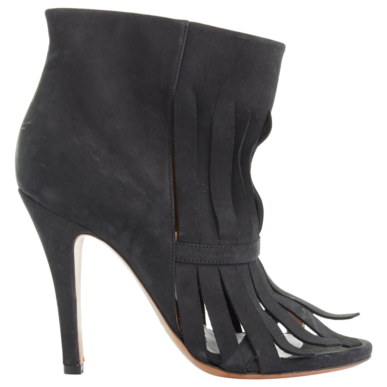 new MAISON MARGIELA black suede shredded fringe open toe bootie heels EU37 US7