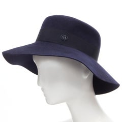 new MAISON MICHEL navy blue black grosgrain M logo detail fedora hat S 56cm