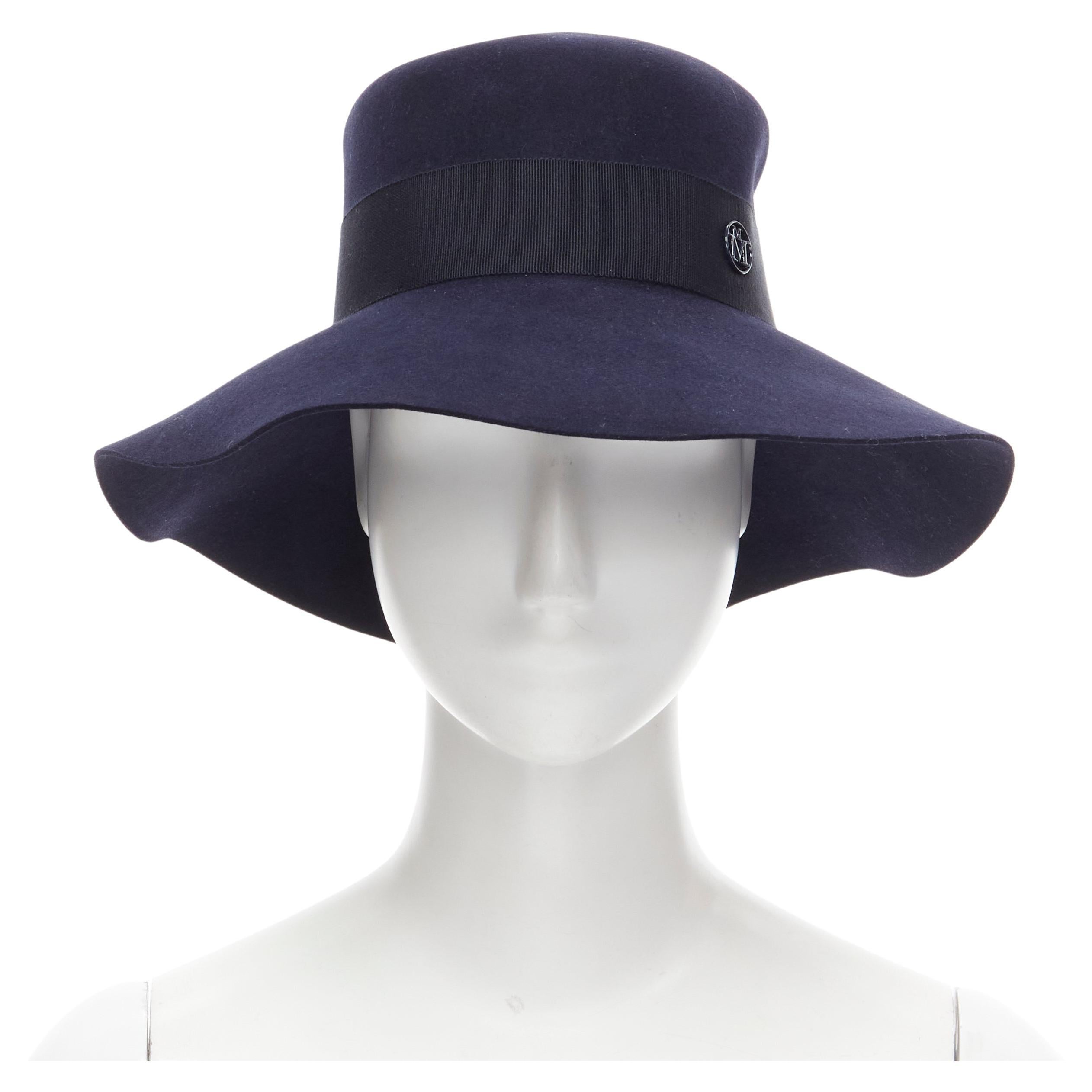 new MAISON MICHEL navy blue black grosgrain M logo detail fedora hat S 56cm For Sale
