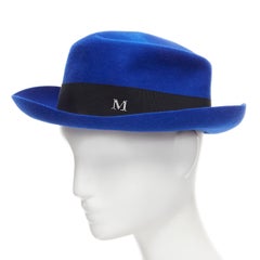 new MAISON MICHEL Tiger cobalt blue wool felt black grosgrain metal logo fedora