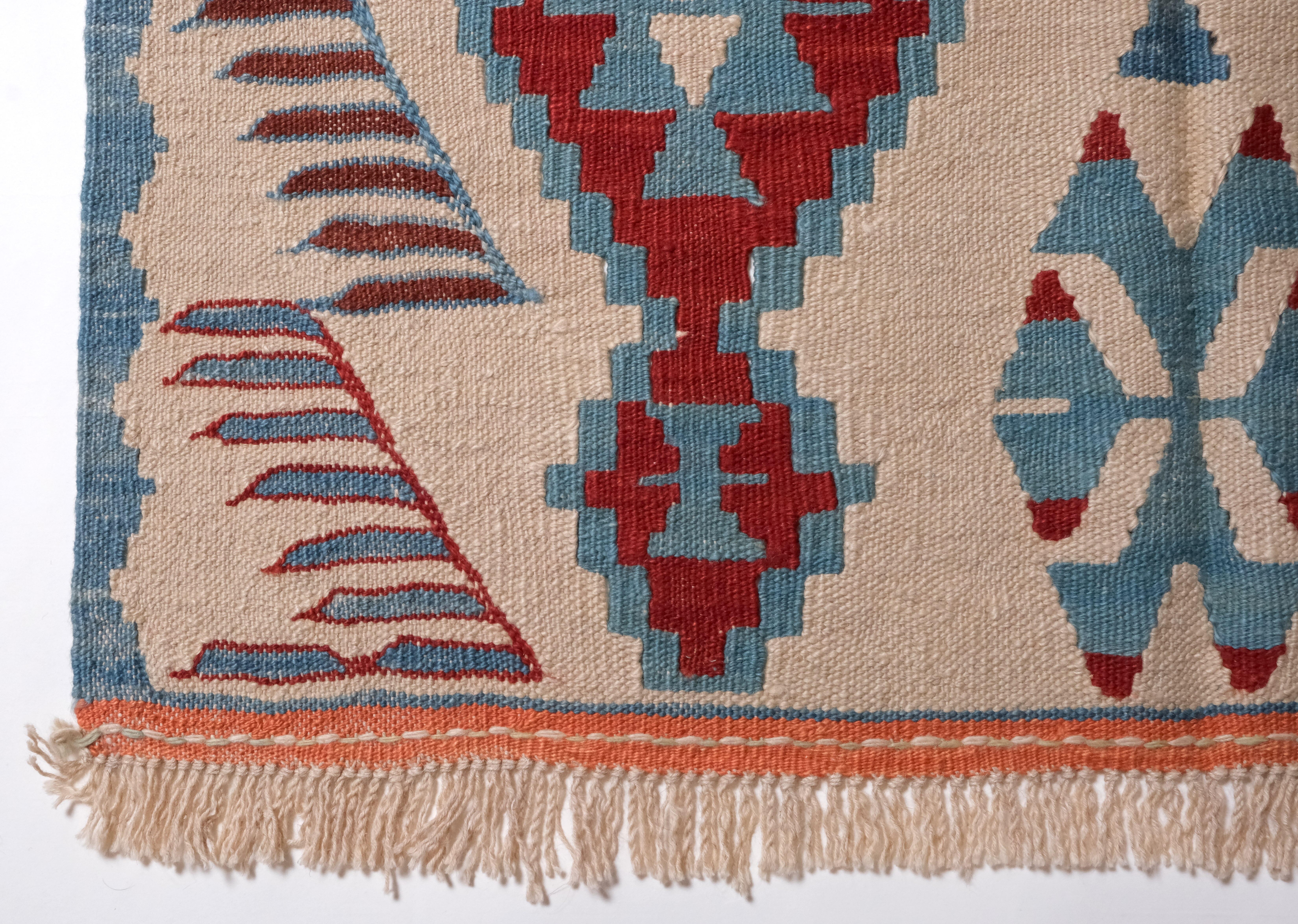 This is a Western Anatolian Modern 'New' Fine Kilim from the Manisa region with a rare and beautiful color composition. 

This kilim is woven according to traditional kilim techniques. Manisa is a town with a thriving tradition revival project and