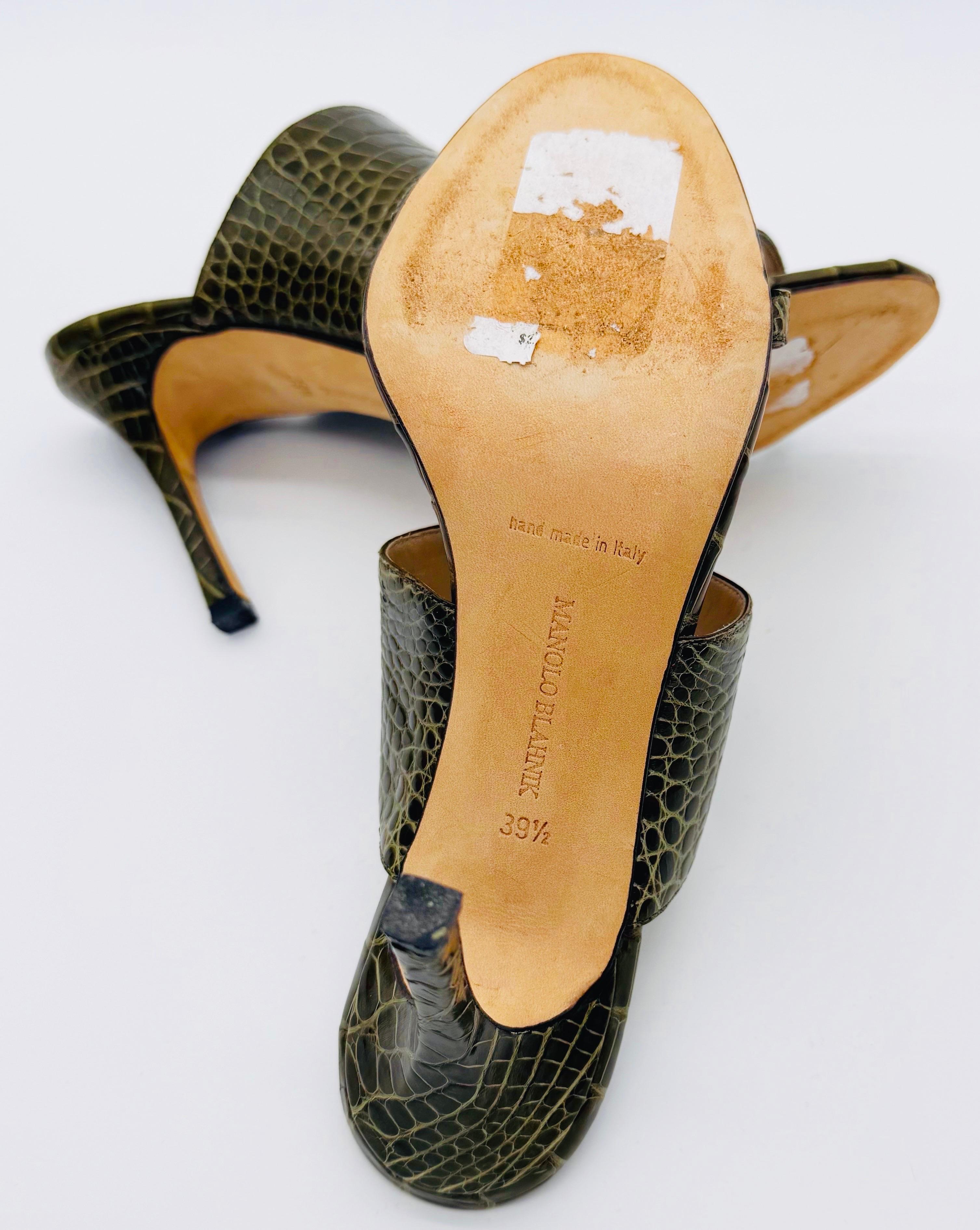 Black New Manolo Blahnik $2, 900 Size 39.5 Genuine Alligator Olive Green Heels Sandals For Sale