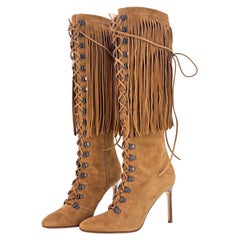 NUOVO Manolo Blahnik Autunno 2015 Stivali con frange in camoscio al ginocchio stile western 37,5