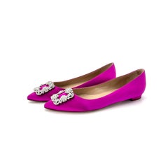 New Manolo Blahnik Hangisi Flat Fuchsia Crystal Embellished Pointed Toe Shoes 39