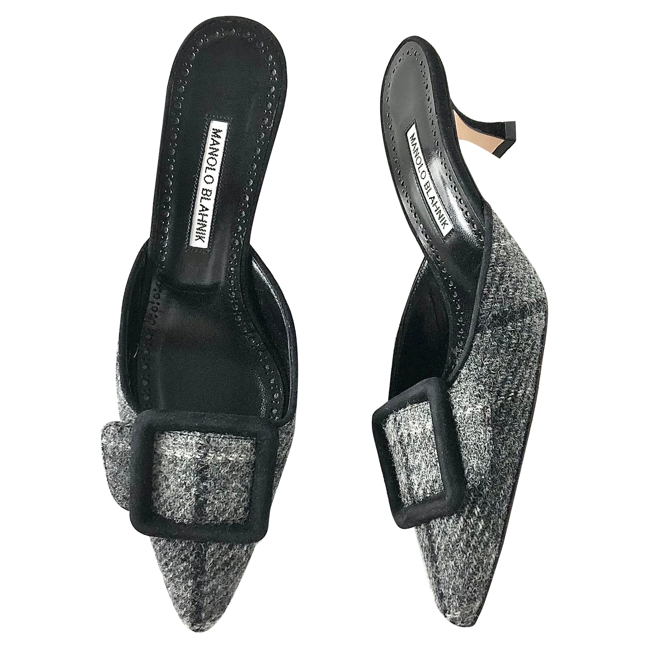 NUOVO Manolo Blahnik Maysalebi Tweed Slip On Kitten Heel Pointed Toe Mules 39 in vendita