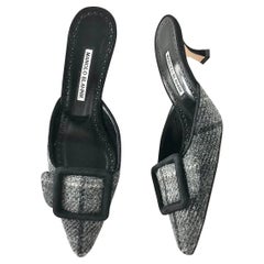 NEW Manolo Blahnik Maysalebi Tweed Slip On Kitten Heel Pointed Toe Mules 39