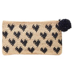 New Mar Y Sol Navy Amelie Monogram Love Crocheted Raffia Clutch Pouch bag