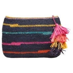 New Mar Y Sol Navy Evie Crocheted Raffia Clutch Pouch Bag