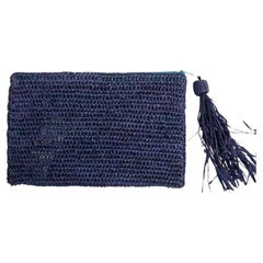 New Mar Y Sol Navy Justine Crocheted Raffia Clutch Pouch Bag
