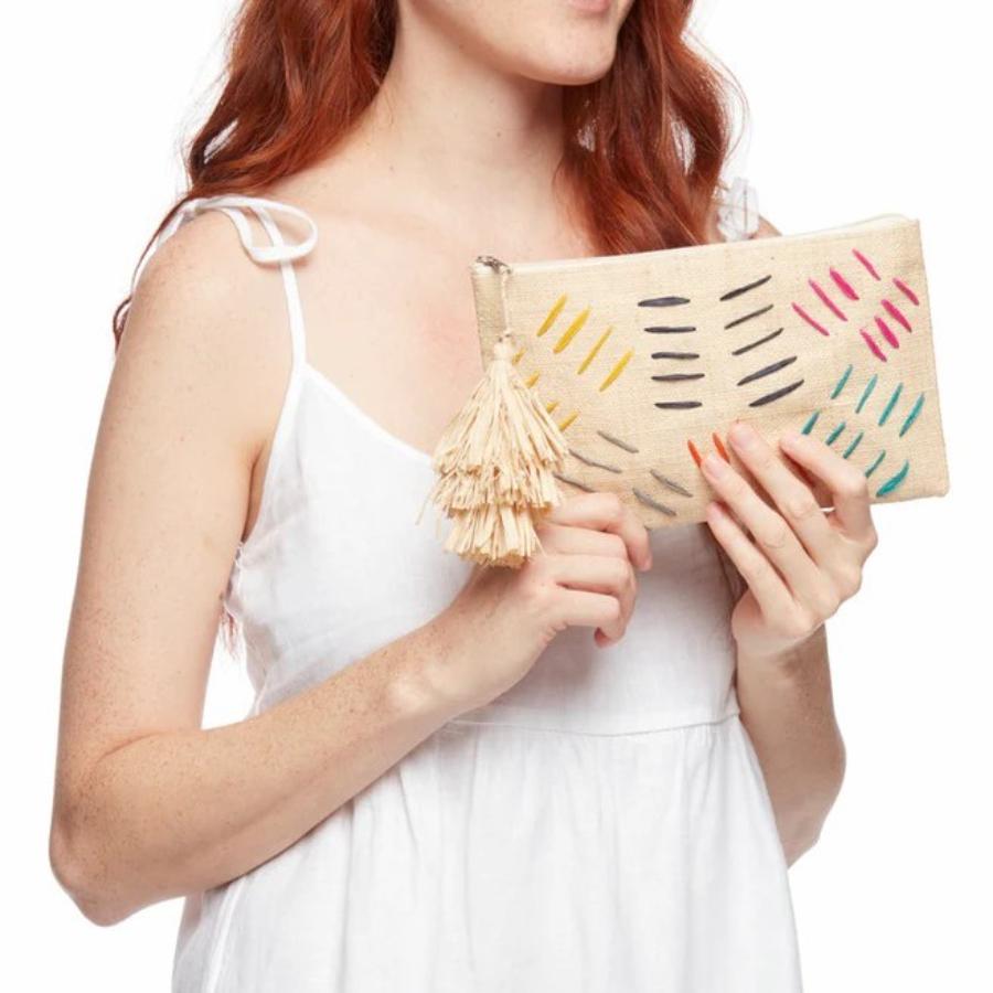 Women's New Mar Y Sol Pink Selva Handwoven Raffia Clutch Pouch Bag For Sale