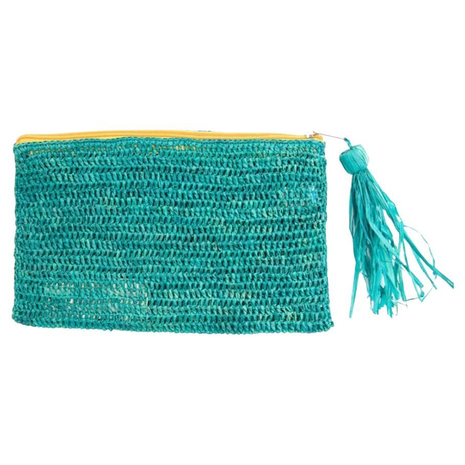 New Mar Y Sol Turquoise Justine Crocheted Raffia Clutch Pouch Bag For Sale