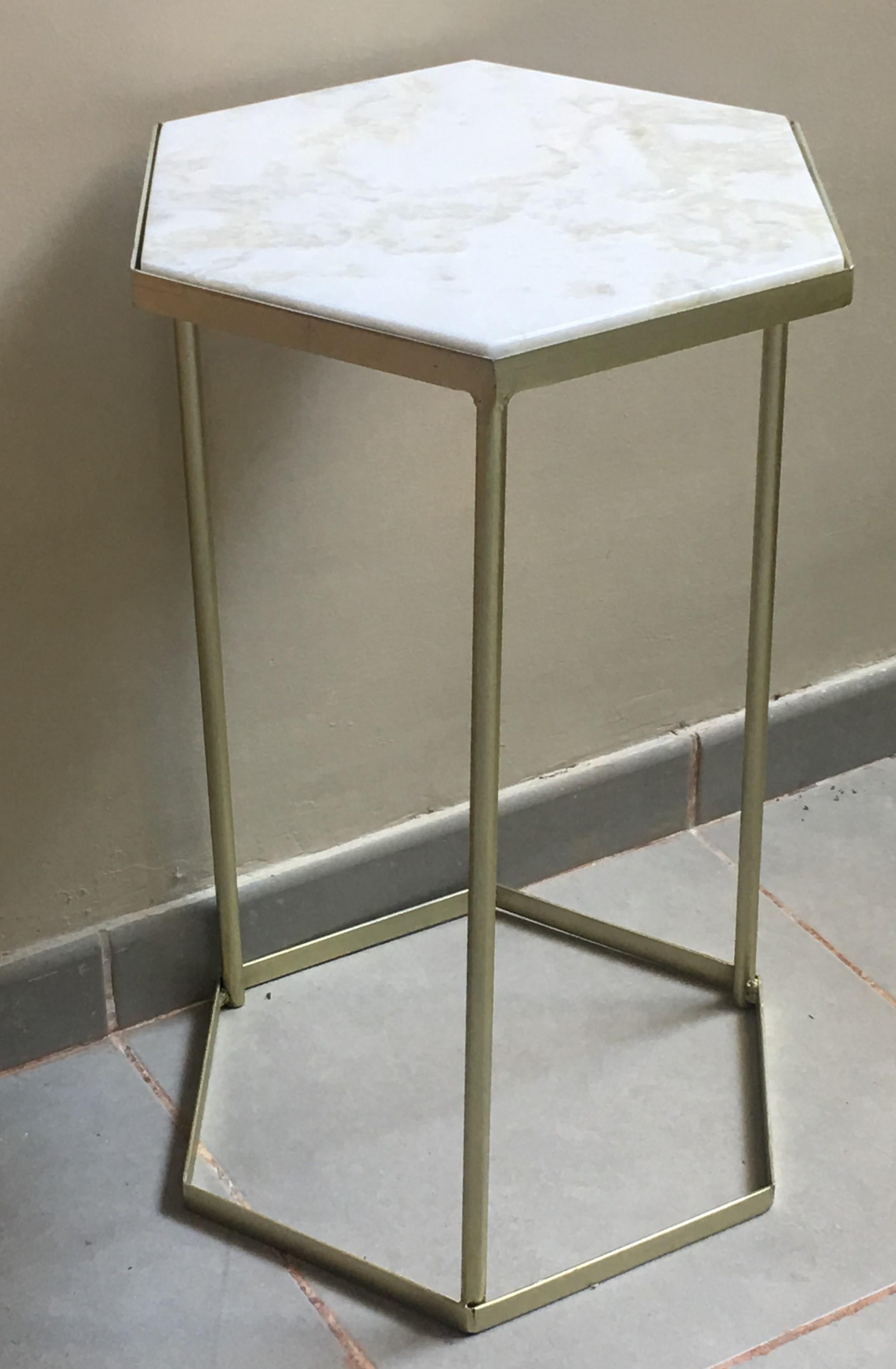 New marble top and gilt painted iron hexagonal side table, end table or pedestal.