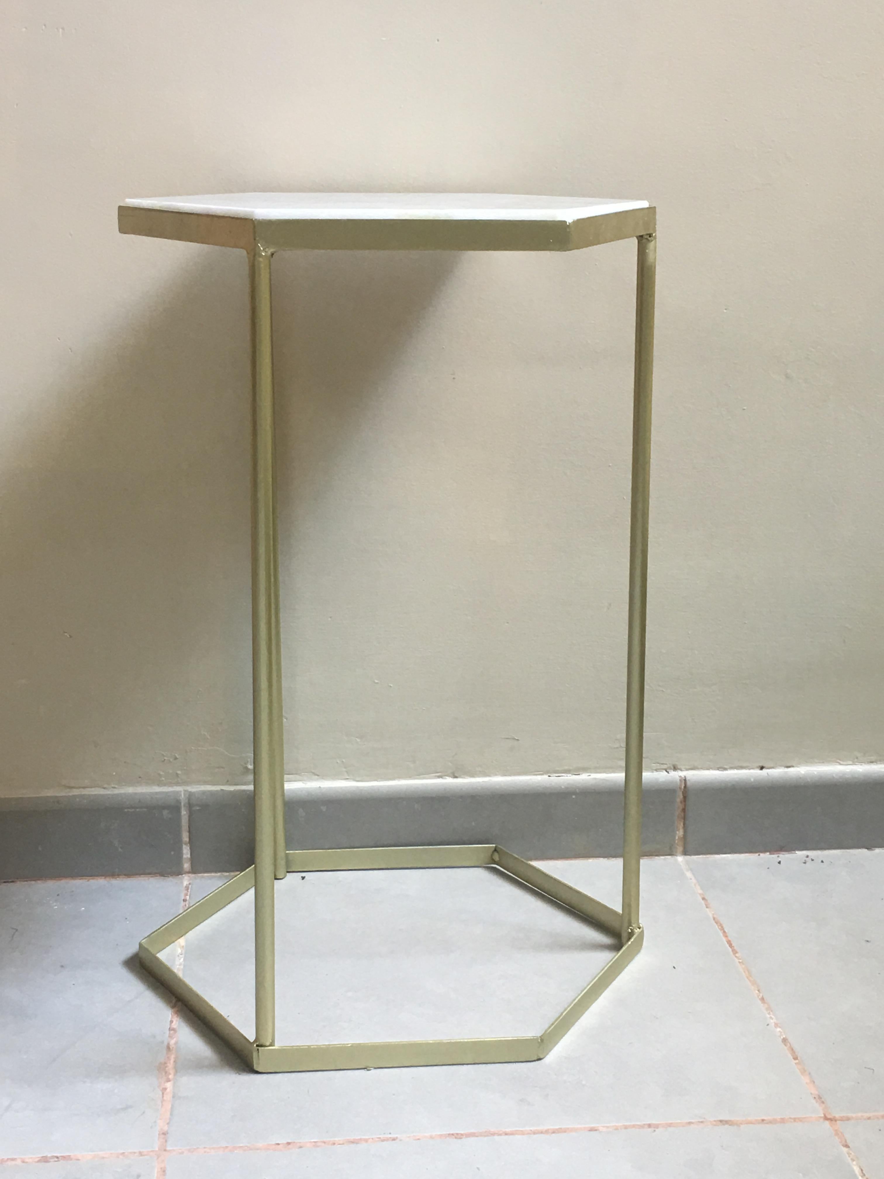 Mid-Century Modern New Marble-Top and Gilt Painted Iron Hexagonal Side Table or End Table For Sale