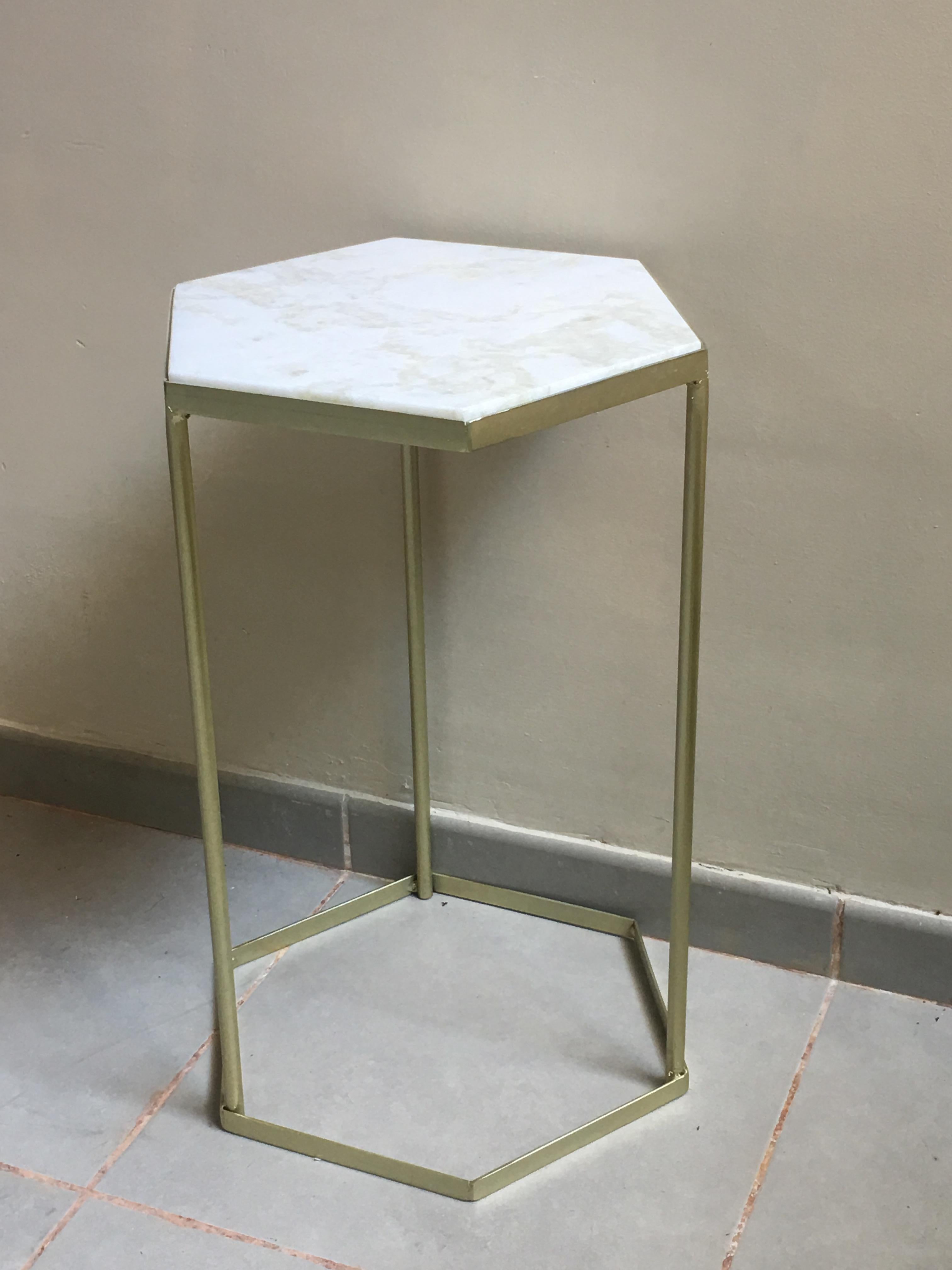 Contemporary New Marble-Top and Gilt Painted Iron Hexagonal Side Table or End Table For Sale