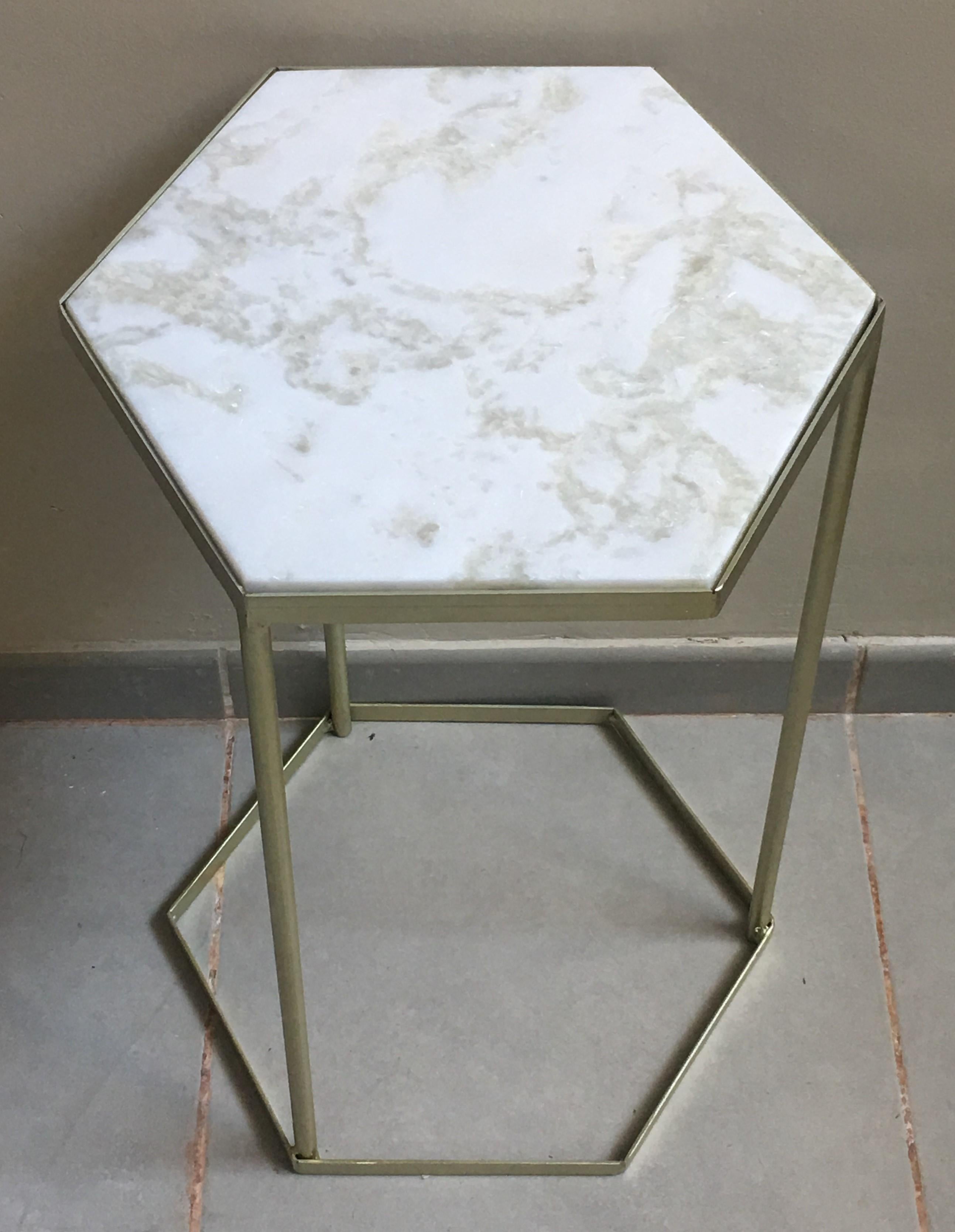 New Marble-Top and Gilt Painted Iron Hexagonal Side Table or End Table For Sale 3