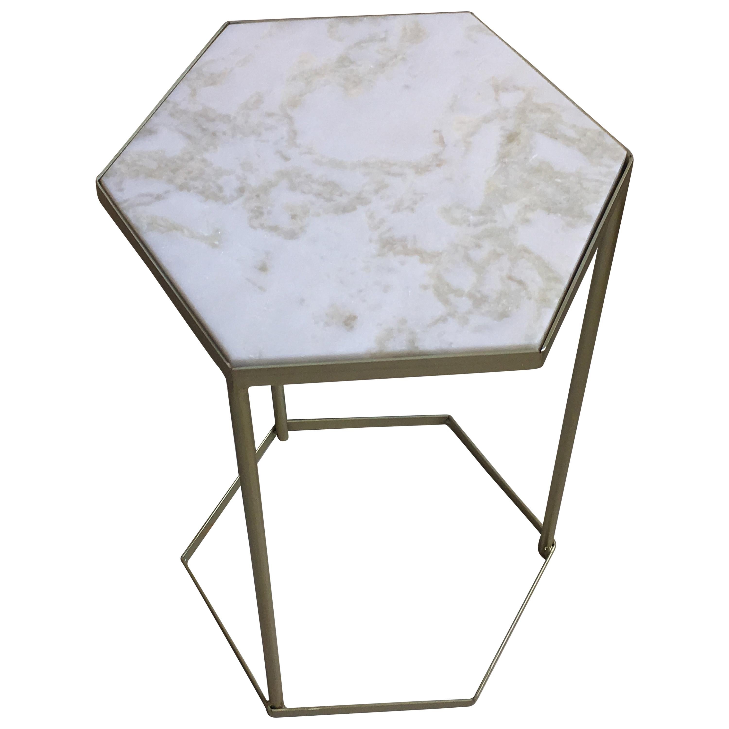 New Marble-Top and Gilt Painted Iron Hexagonal Side Table or End Table
