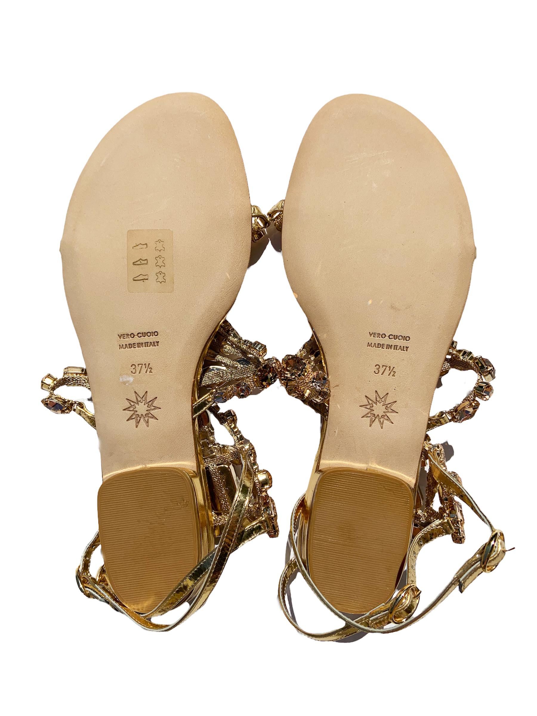 New Marchesa Emily Gold Pink Swarovski Crystal Embellished Flat Sandals 37.5 7.5 For Sale 1