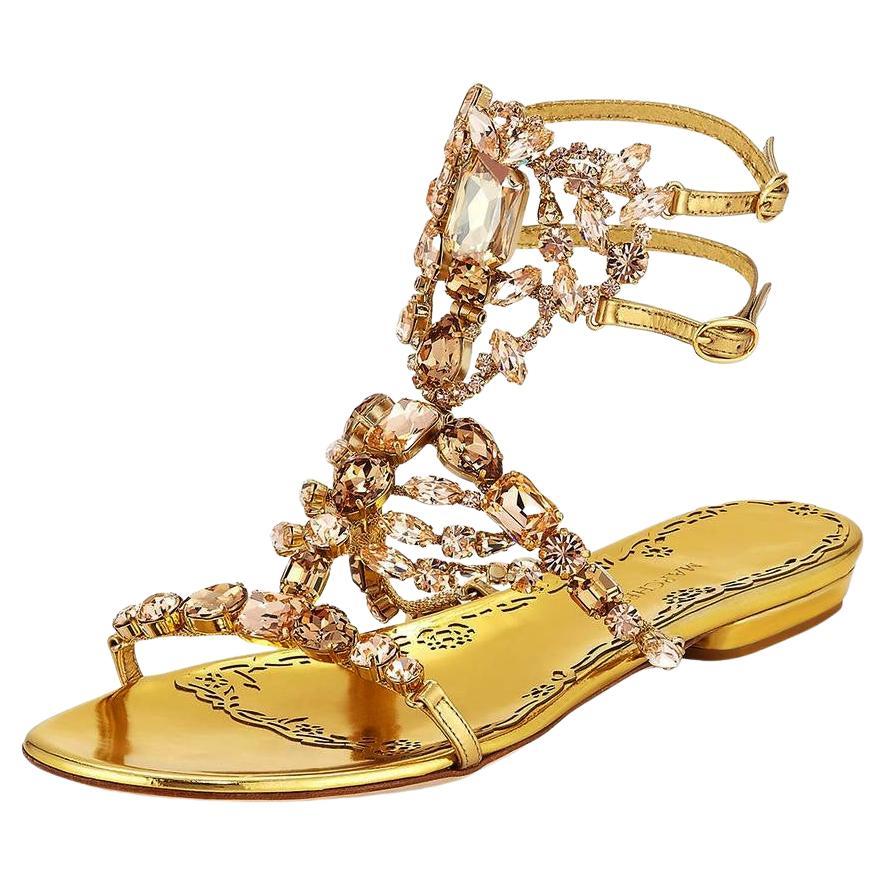 New Marchesa Emily Gold Pink Swarovski Crystal Embellished Flat Sandals 37.5 7.5 For Sale