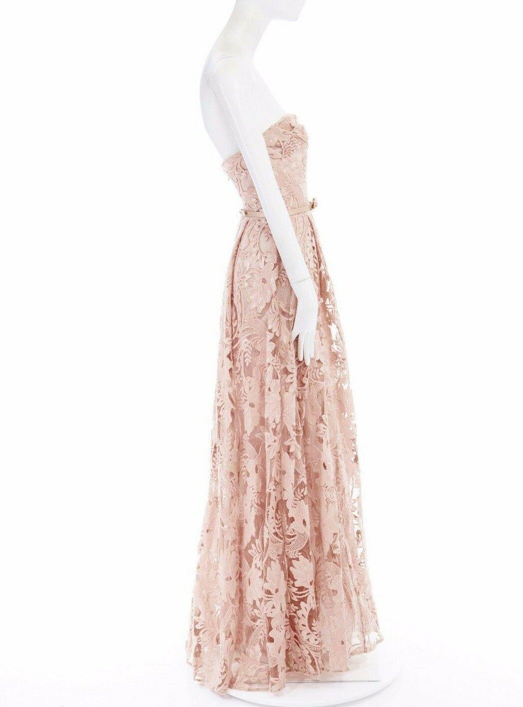 Beige new MARCHESA NOTTE nude pink sequins embroidery lace belted gown dress US6 M